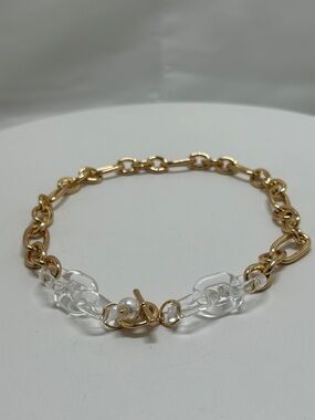 Gold And Clear Lucite Short Link Necklace Choker, Pearl Charm, Quality Piece